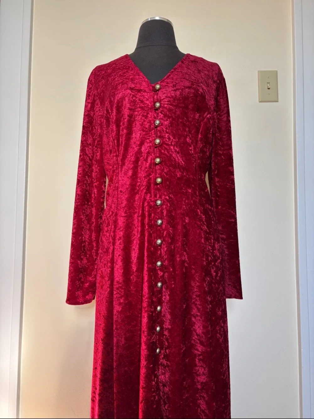 Vintage Red Crushed Velvet Long Sleeve Full Button-Front Corset Back